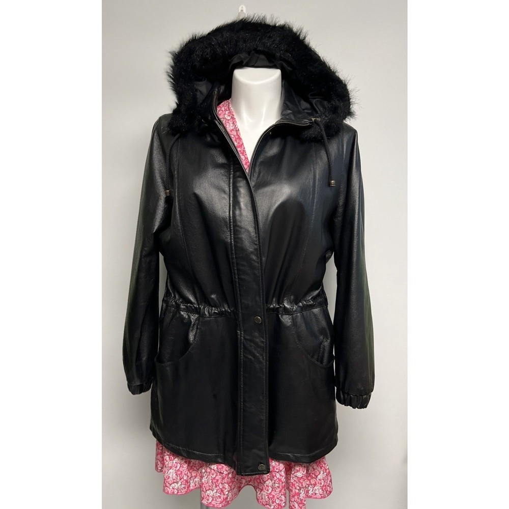 Vintage 90s Y2k Black Soft Leather Coat Cinched Waist Mid Length Sz 16 Faux Fur